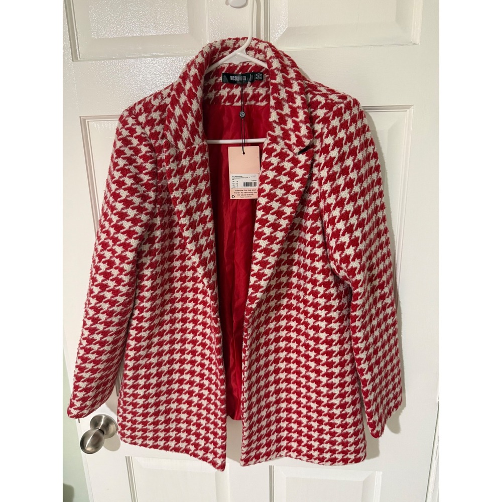 Missguided Red White Houndstooth Boucle Boyfriend Blazer US 10 New J9703907